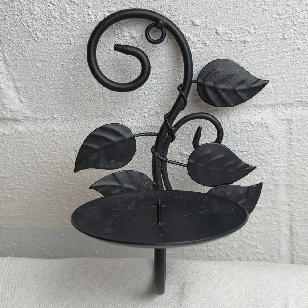 Black Wrought Iron Leaf Vine Wall Sconce Pillar Candle Holder Scroll Design